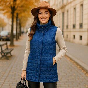 Mycra Pac One Women Reversible Quilted Vest Full Zip Mock Neck Long Cozy Jacket